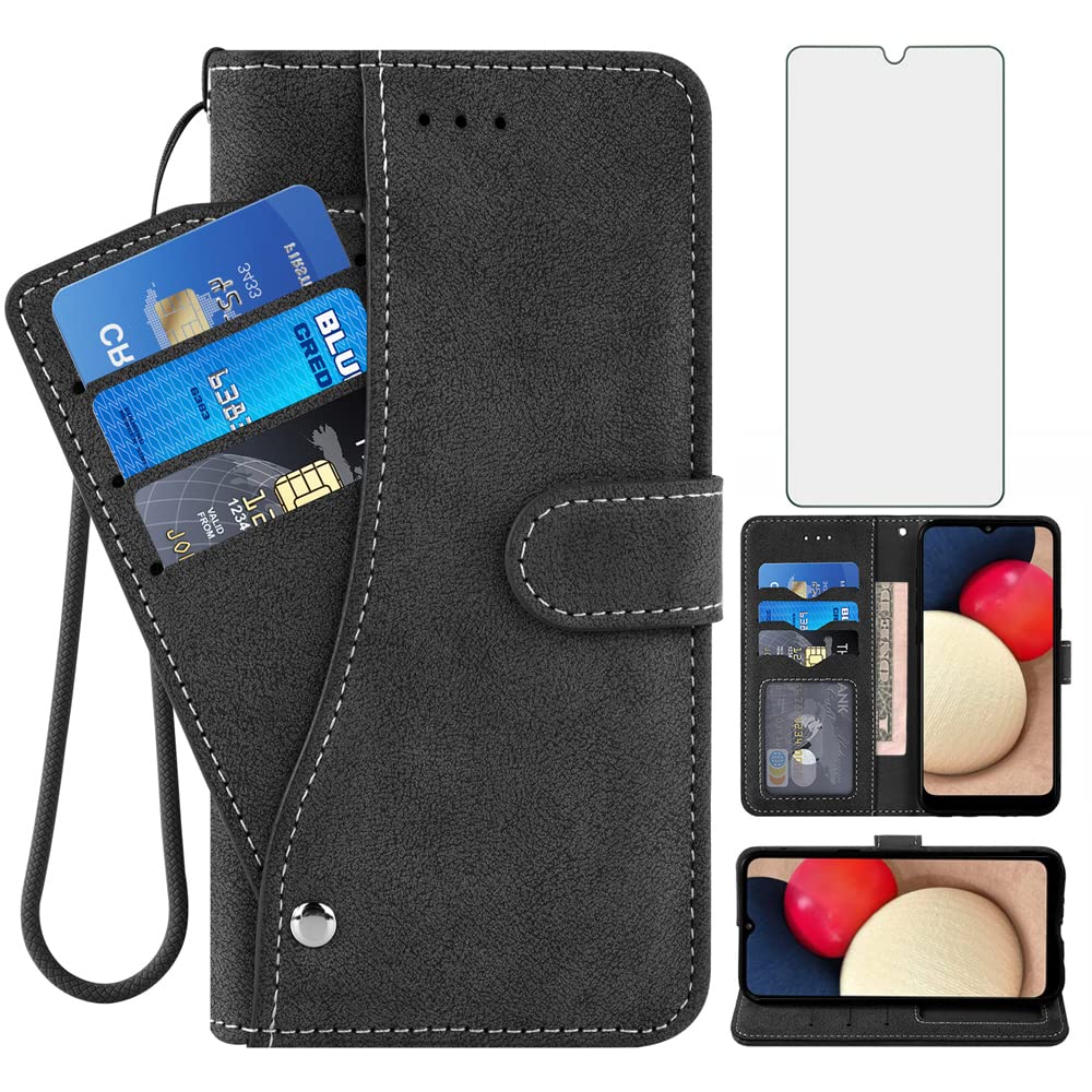 Asuwish Compatible with Samsung Galaxy A02s Wallet Case and Tempered Glass Screen Protector Flip Card Holder Stand Cell Accessories Phone Cover for Glaxay A 02s Galaxies M02s SM-A025V Women Men Black
