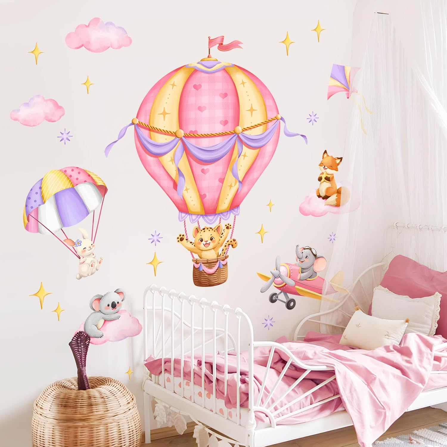 Tanlaby Pink Hot Air Balloon Wall Stickers Jungle Animals Fox Leopard Elephant Wall Decals Peel and Stick Art Decor for Baby Nursery Kids Bedroom Playroom Daycare Classroom 7 71e7NPf9cCL. AC SL1500