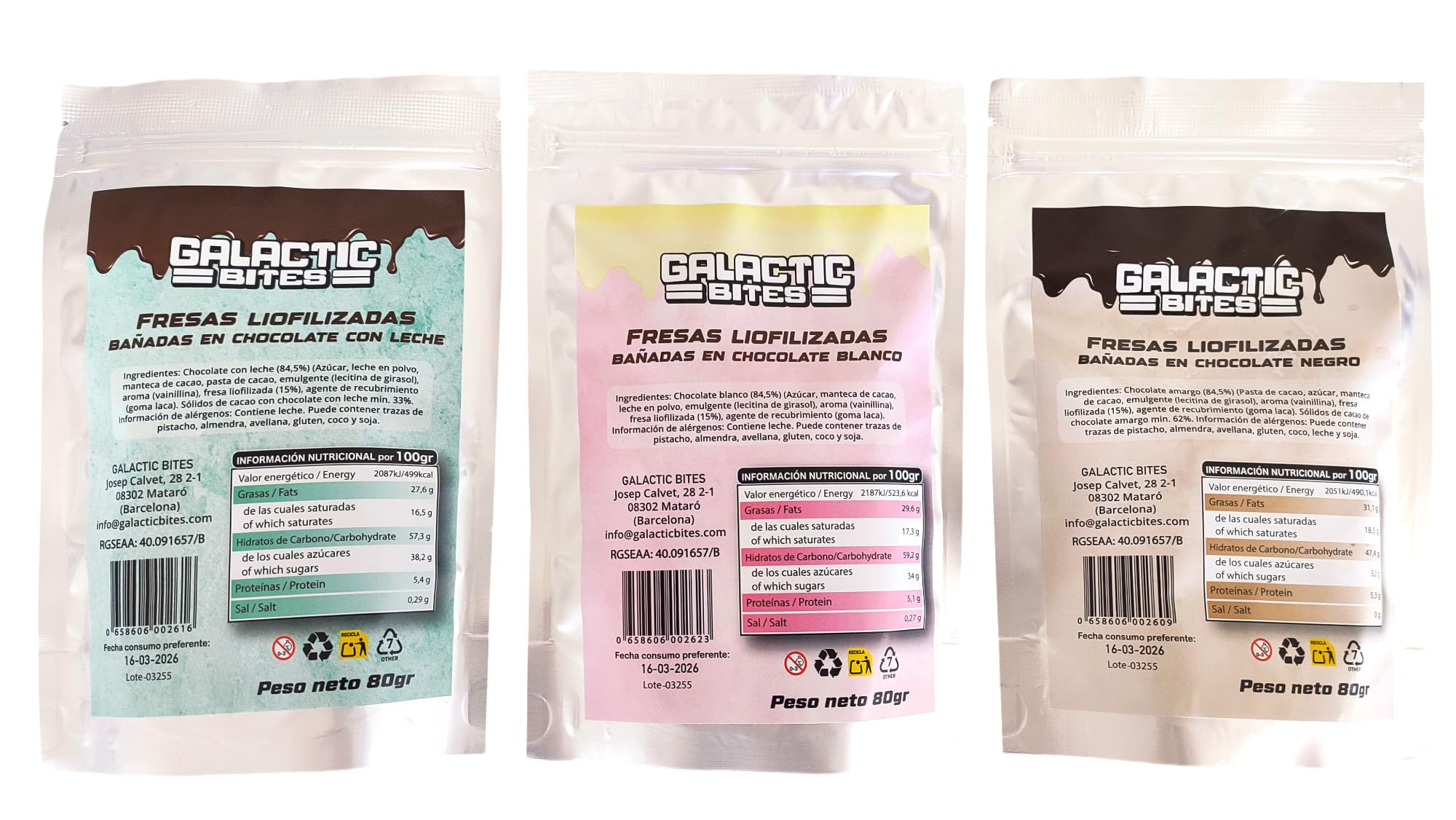 Pack de 3 Bolsas de Fresas Liofilizadas Bañadas en Chocolate Blanco, Leche y Negro – 80g | Fruta Crujiente Natural, Sin Gluten | Perfectas para Regalar o Disfrutar como Snack Gourmet
