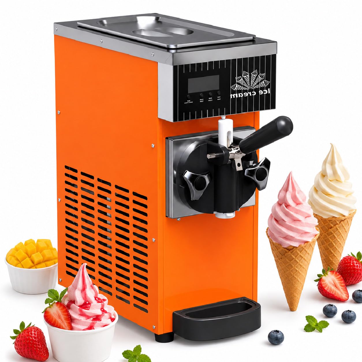 Sushangmao Soft Serve Maker Machine, Commercial Ice Cream Maker, 450W Countertop Ice Cream Machine with 2.5L Hopper, LCD Control, Auto Clean for Restaurants & Dessert Shops orange
