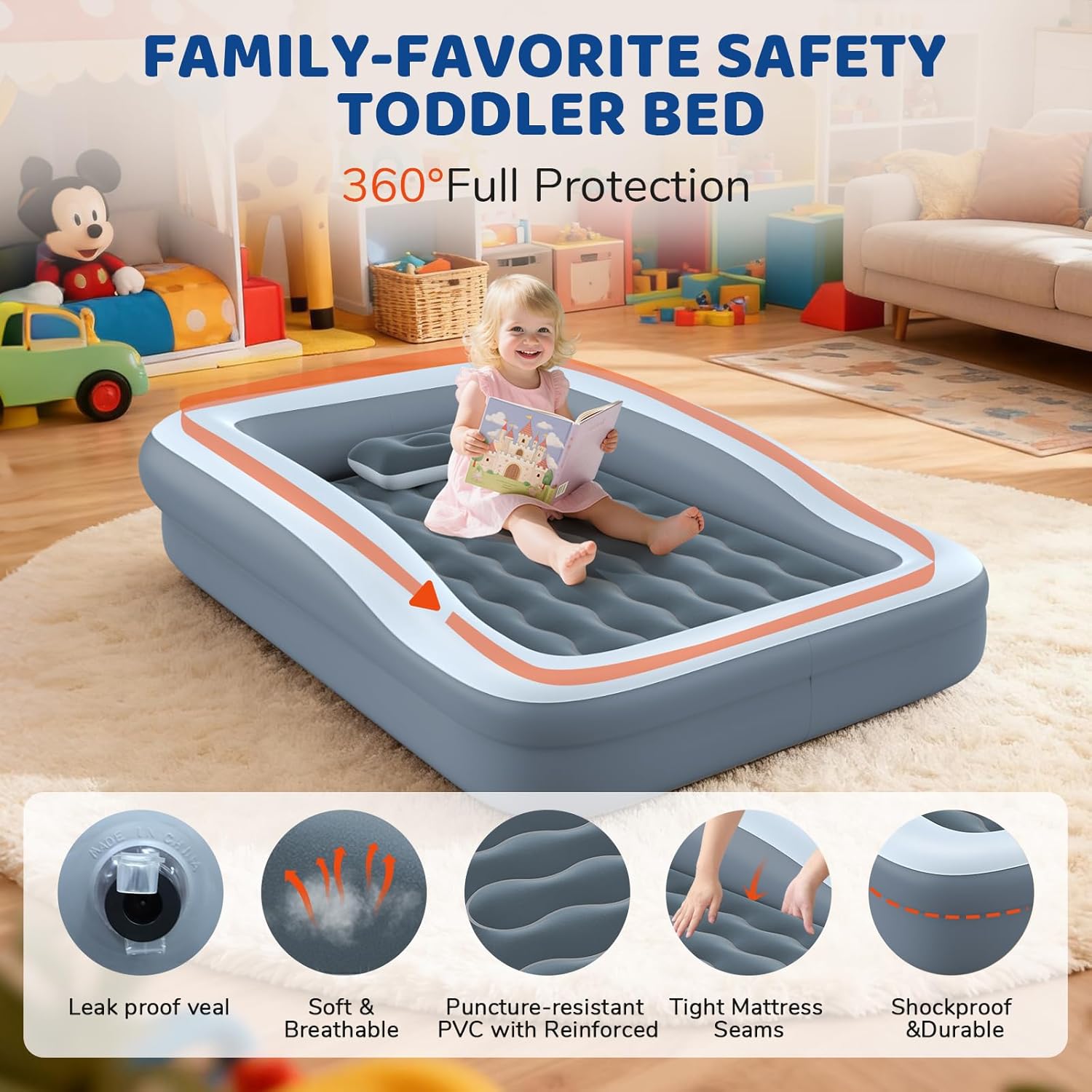 Inflatable Toddler Travel Bed - 64 Inches Grey Kids Air Mattress with Safety Sides & Fast Electric Pump - Portable Toddler Bed for Travel & Camping & Sleeping with Carry Bag