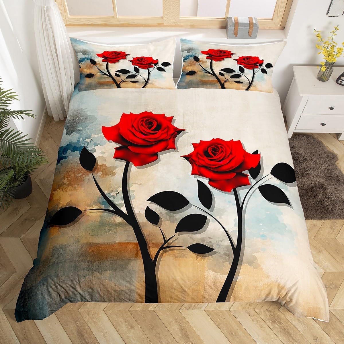 jejeloiu Rose Bedding Set Twin Size Kids Abstract Art