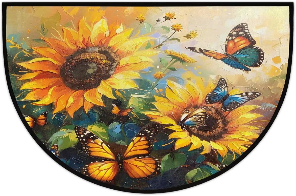 Half Round Door Mat Animal Oil Painting Flower Half Moon Rug Washable Half Circle Area Rugs Indoor Entrance Non Slip Semi Circle Bathroom Rugs Floor Carpet for Kithen Bedroom Fireplace Decor
