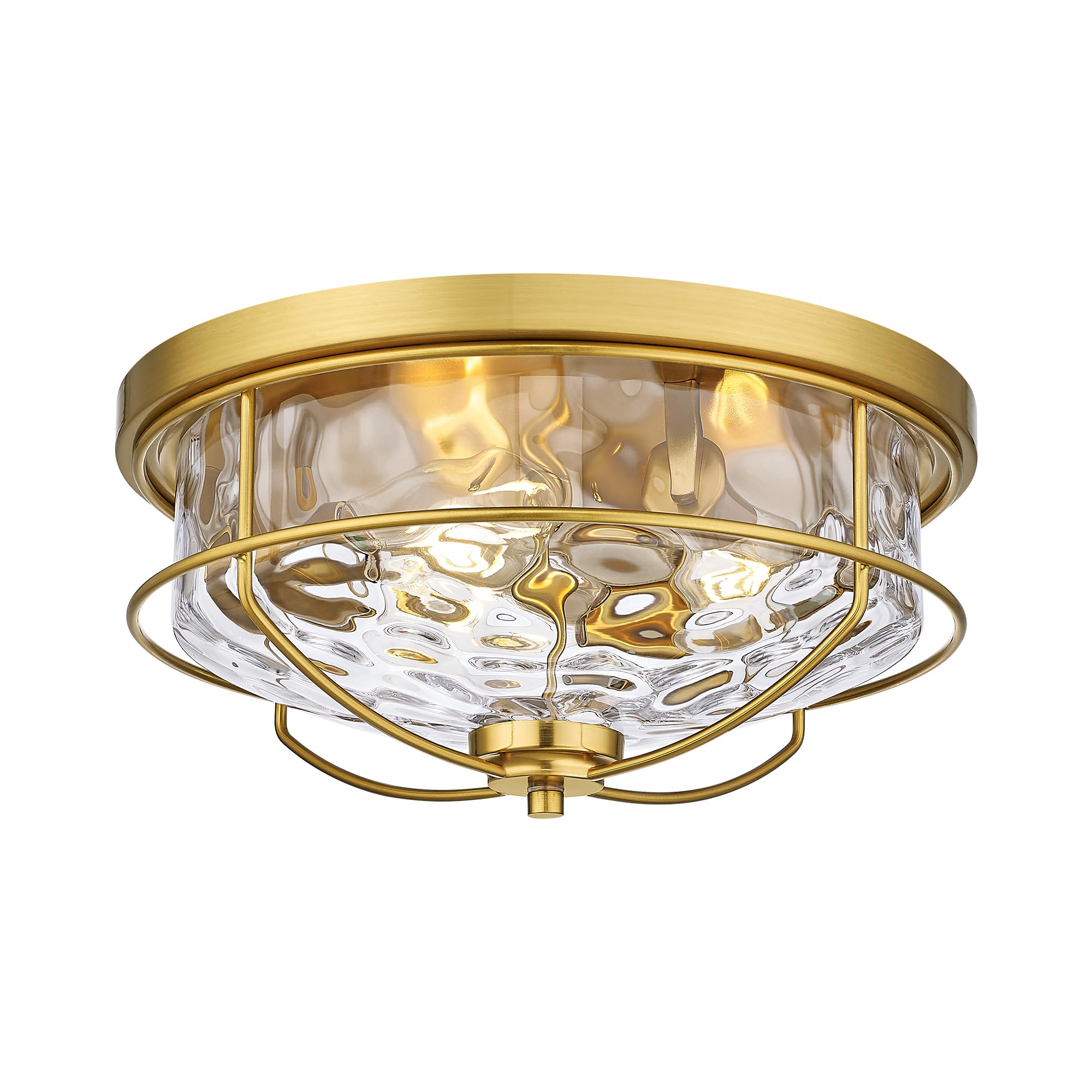 15 Inch Flush Mount Ceiling Light, HWH 3-Light Modern Close to Ceiling Light Fixtures Brushed Gold Finish for Kitchen Porch Foyer with Hammered Water Ripple Glass, 5HTJ102WG-F BG