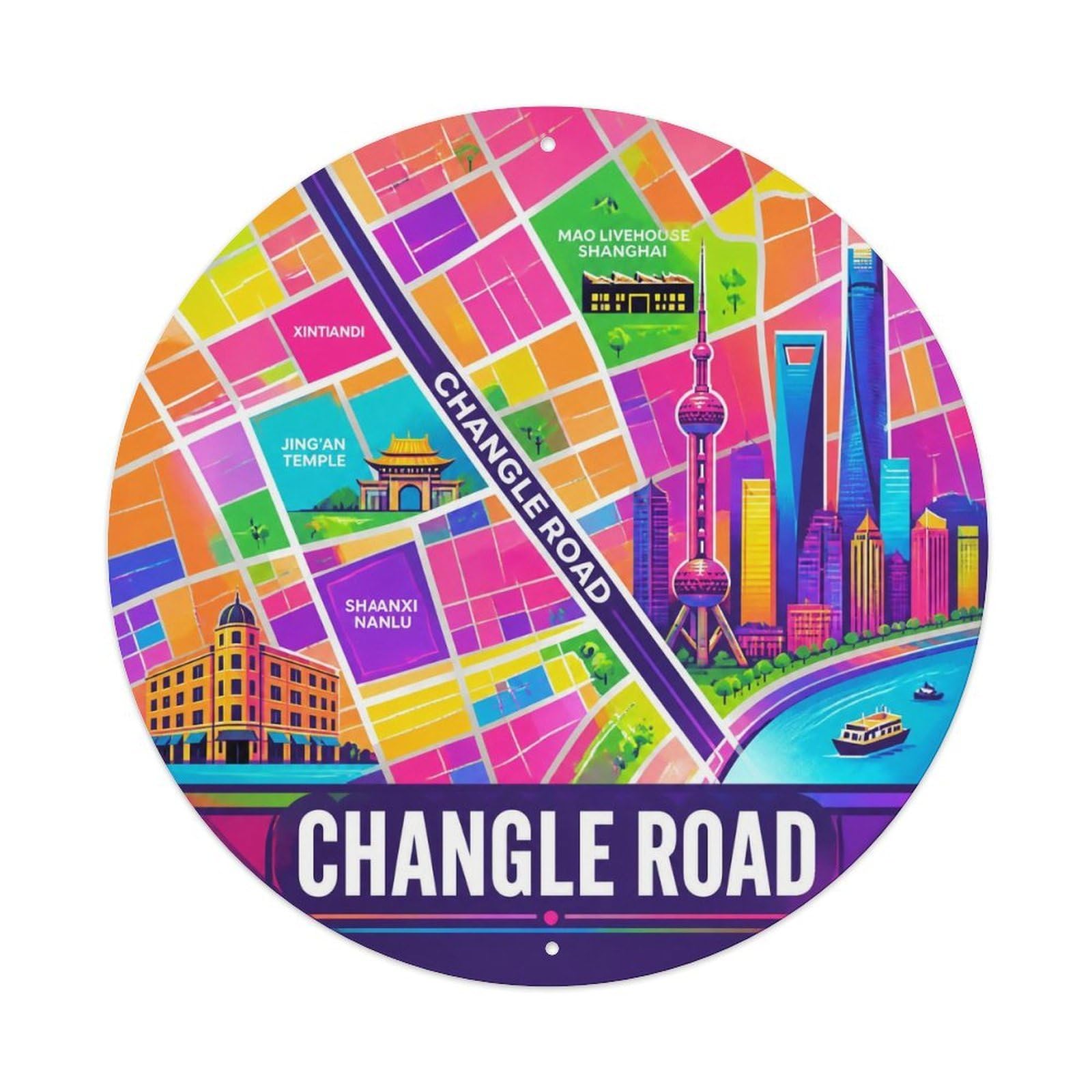 Okngb Style Changle Road Shanghai Memphis Geometry Tourist Badge Metal Tin Sign Plaque Wall Decor For Cafe, Man Cave, Club Bar, Office, Home Garden Round Metal Poster 8X8inch
