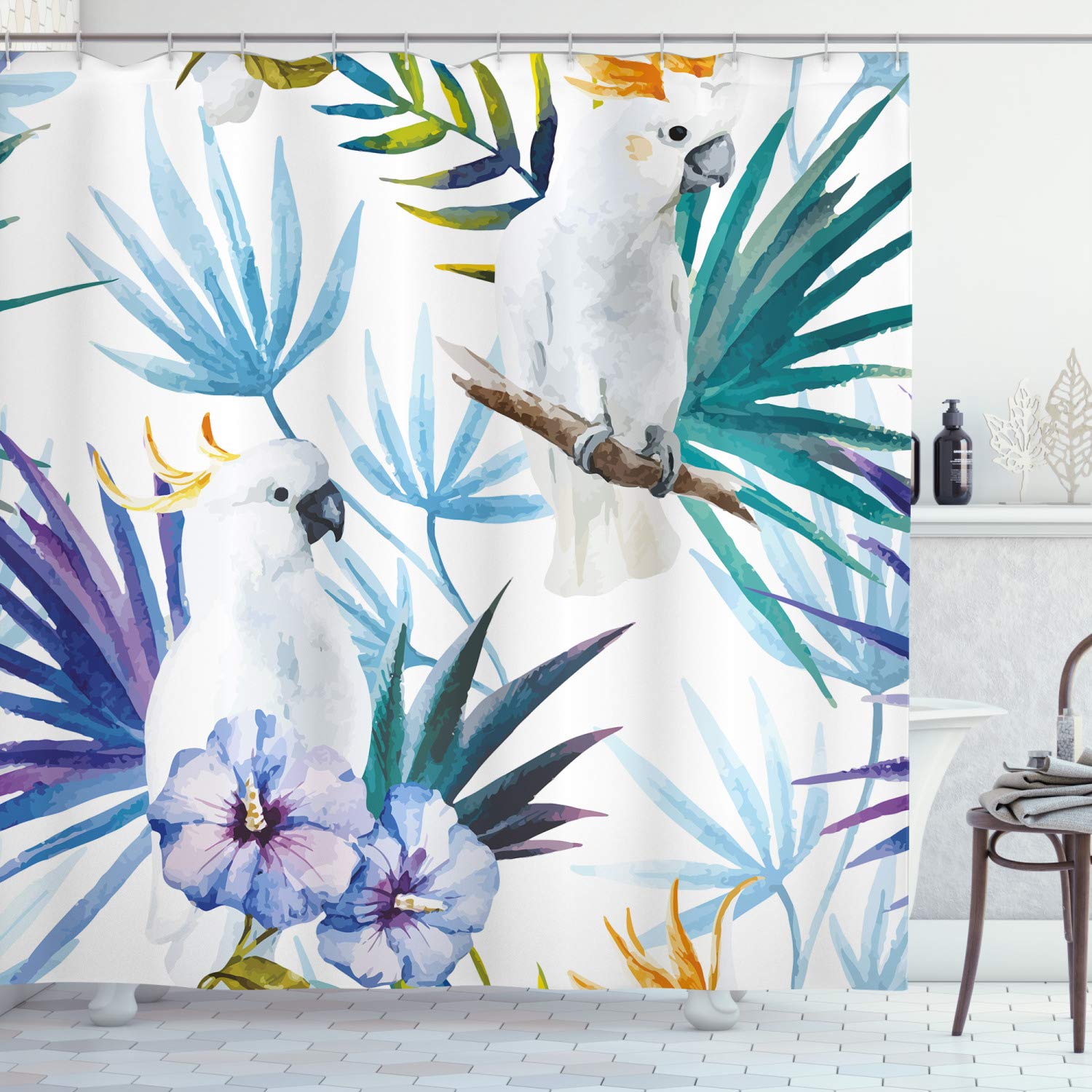 ABAKUHAUS Tropical Shower Curtain, Watercolor White Parrot Birds on Palm Tree Branches Leaves Exotic Nature Artwork, Cloth Fabric Bathroom Decor Set with Hooks, 175 x 180 cm, Sea Blue White