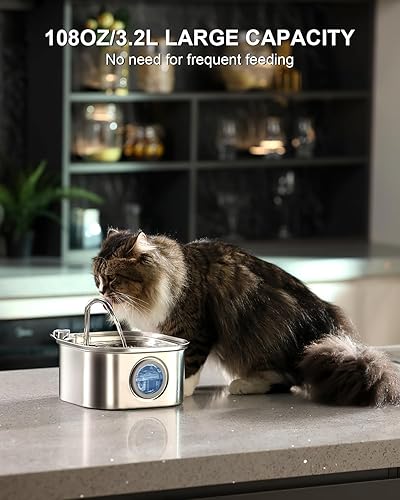 Miniatura 4 de NautyPaws Fuente de agua para gatos de acero inoxidable fuente de agua automática para mascotas de 108 oz3.2 L - Dispensador de agua para perros con