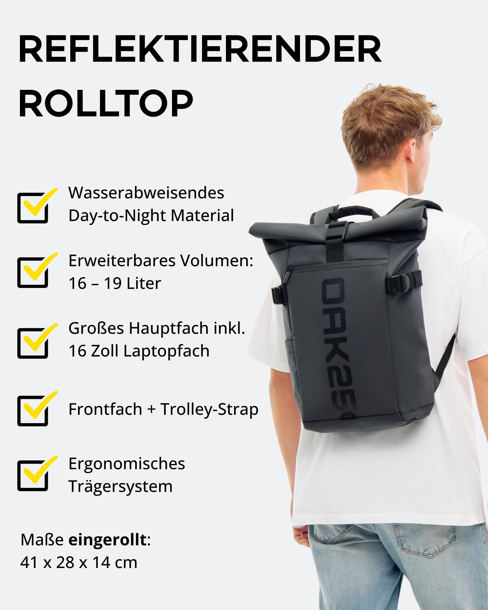 OAK25 Rolltop Rucksack Reflektierender Damen & Herren - Luminite Rolltop Lite - Roll Top Backpack für Arbeit Uni Fahrrad - Laptopfach bis 16 Zoll - Tagesrucksack 19L