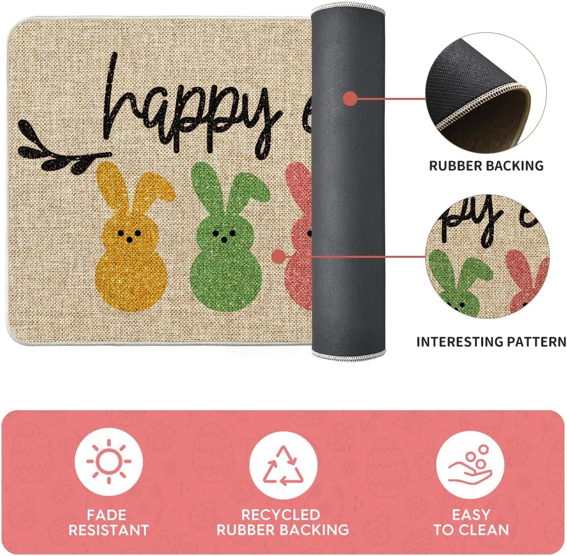 Artoid Mode Happy Easter Rabbits Decorative Kitchen Mats Set of 2, Home Seasonal Spring Easter Holiday Holiday Party Low-Profile Floor Mat - 17x29 and 17x59 Inch