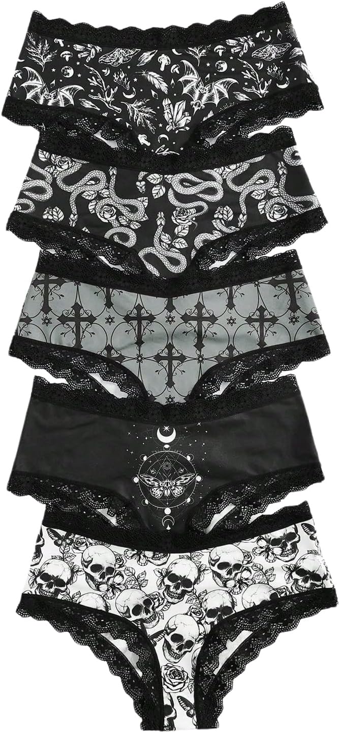 WDIRARA Women's 5 Pack Set Goth Graphic Print Mesh Sheer Lace Trim Mid Rise Underwear Briefs