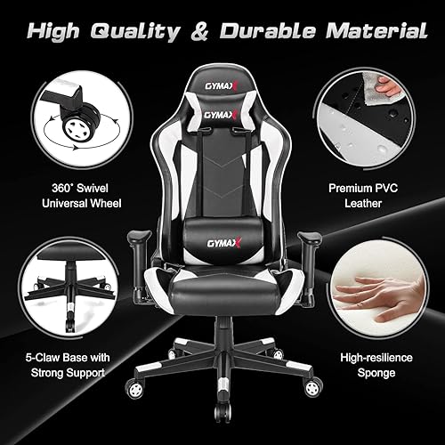 Miniatura 15 de GYMAX Silla para videojuegos, silla ergonómica rosa con respaldo alto para computadora con reposacabezas y soporte lumbar, silla de escritorio de