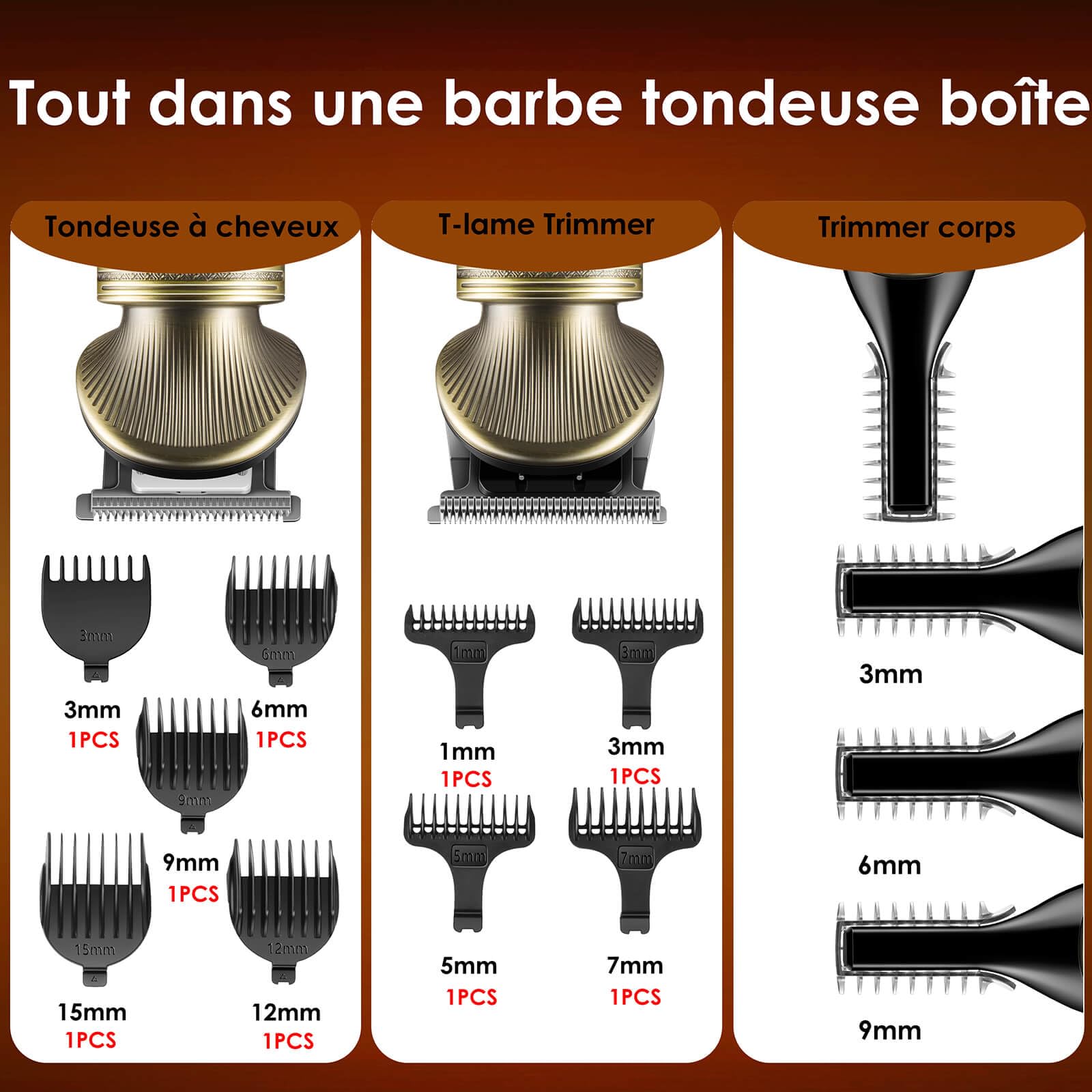 VGR Tondeuse Barbe Homme Kit Professionnel Tondeuse Cheveux Rasoirs électriques 0 mm Cheveux Chauve Avec Lame en T Tondeuse Nez et Barbe Tondeuse de Précision 7 en 1