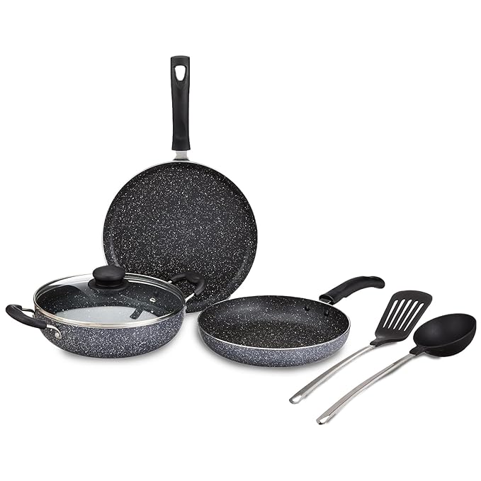 Solimo 6 Piece Non-Stick Cookware Set | Granite Finish | Induction Base | PFOA Free | HTR Exterior Coating | 25cm Tawa, 22 cm Kadai, 22cm Fry Pan, 1 Glass Lid & 2 Nylon Spatulas | Grey