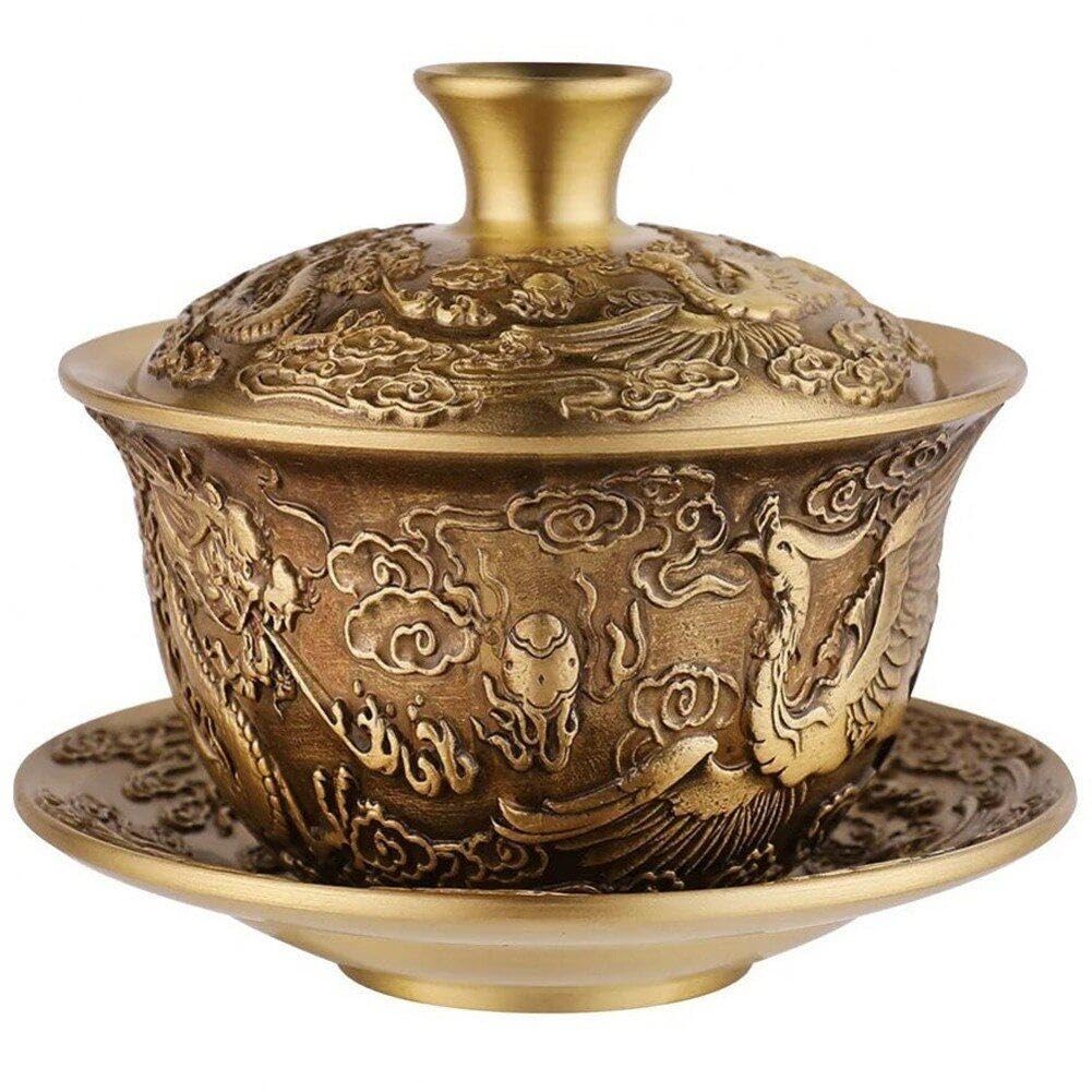 Ensemble de thé en laiton dragon et phénix : bol chinois et artisanat d'art