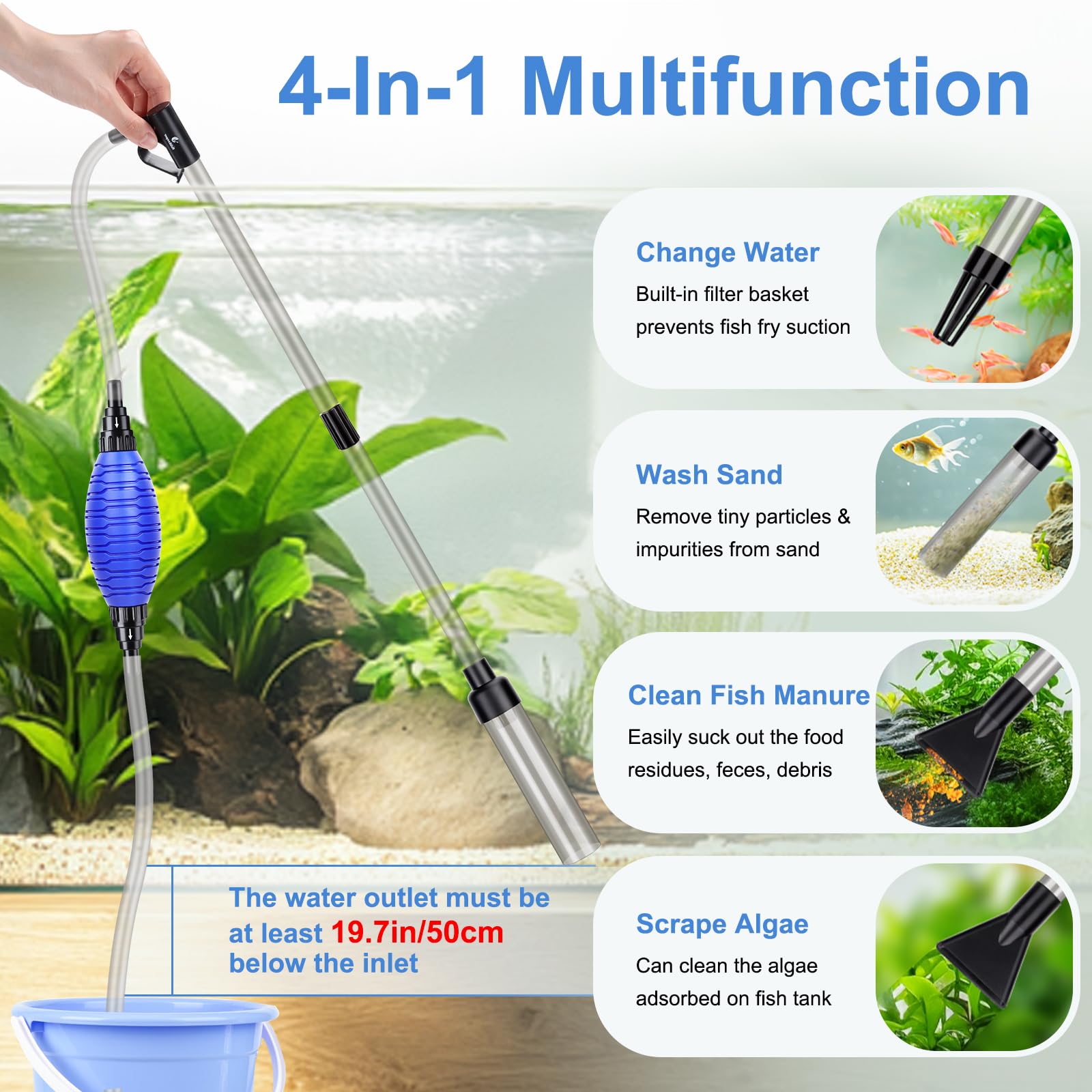 fishkeeper Cambio de Agua de Acuario, Filtro de Arena para Limpieza de Acuario, pecera Kit de Limpieza de Grava de Acuario con caudal de Agua Regulable para Limpieza de Arena(L)