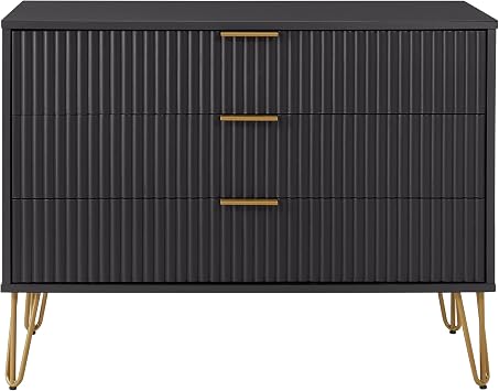 Manhattan Comfort Dumbo Modern 3 Drawer Dresser with Fluted Ribbed Front, No Tool Assembly, Hairpin Splayed Gold Metal Legs, Storage Chest, Entryway Cabinet for Bedroom, Hallway, Living Room in Black