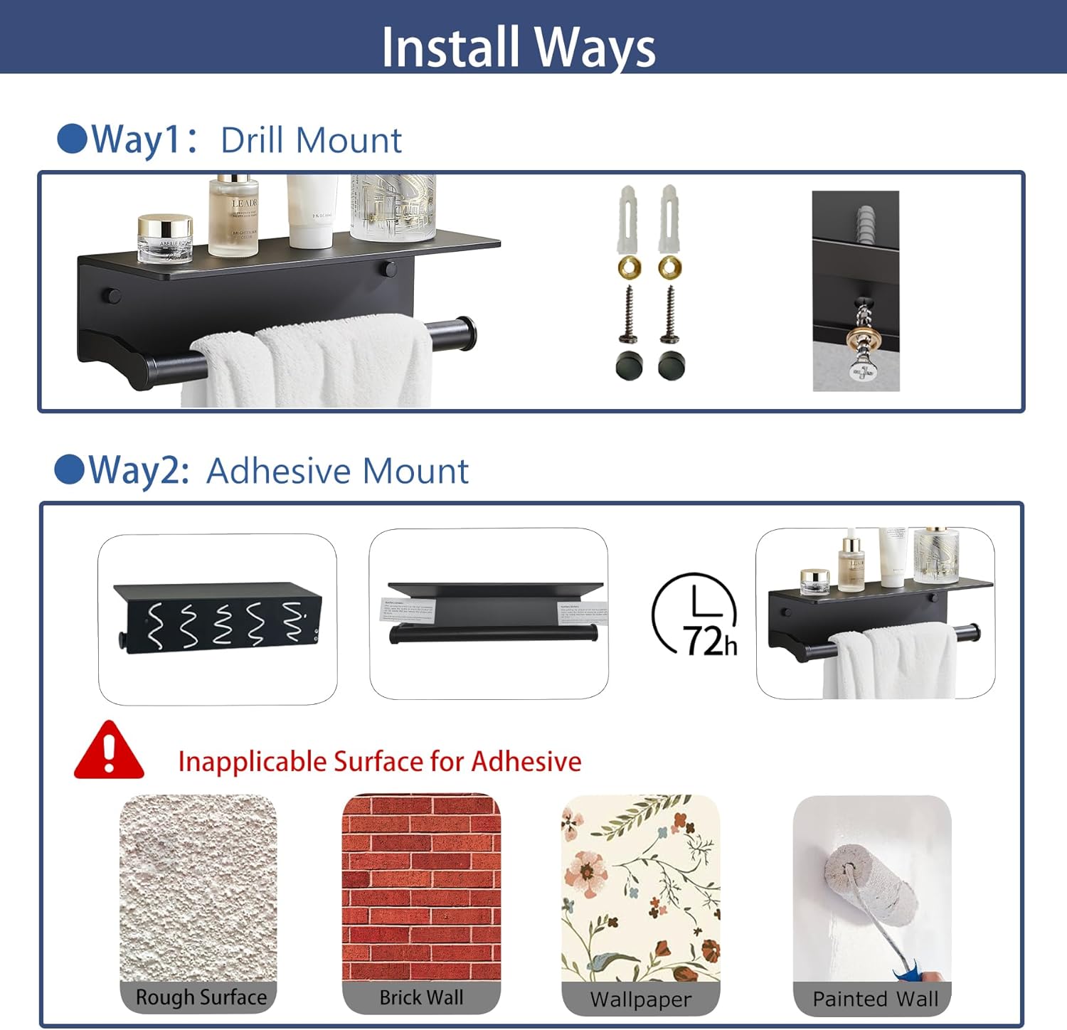 Black Paper Towel Holder Wall Mount with Thickened Shelf for Bathroom,Matte Black Adhesive Hand Towel Holder,Bathroom Kitchen RV