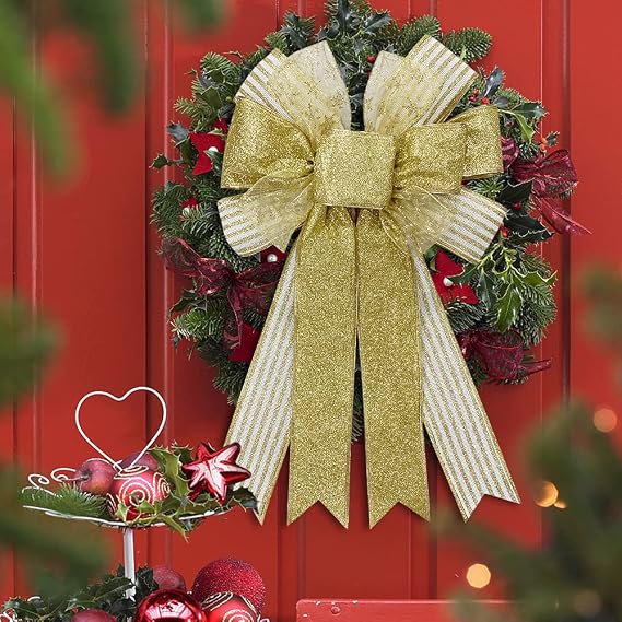 On-Airstore Large Christmas Wreath Bows, Gold Glitter Strips Ribbon Bow for Wreaths, Tree Topper Bows for Christmas Home Garden Indoor Outdoor Party Decoration Wreath Ornament Supplies