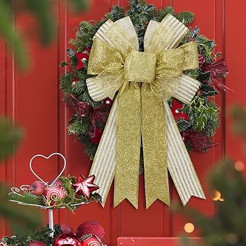 On-Airstore Large Christmas Wreath Bows, Gold Glitter Strips Ribbon Bow for Wreaths, Tree Topper Bows for Christmas Home Garden Indoor Outdoor Party Decoration Wreath Ornament Supplies