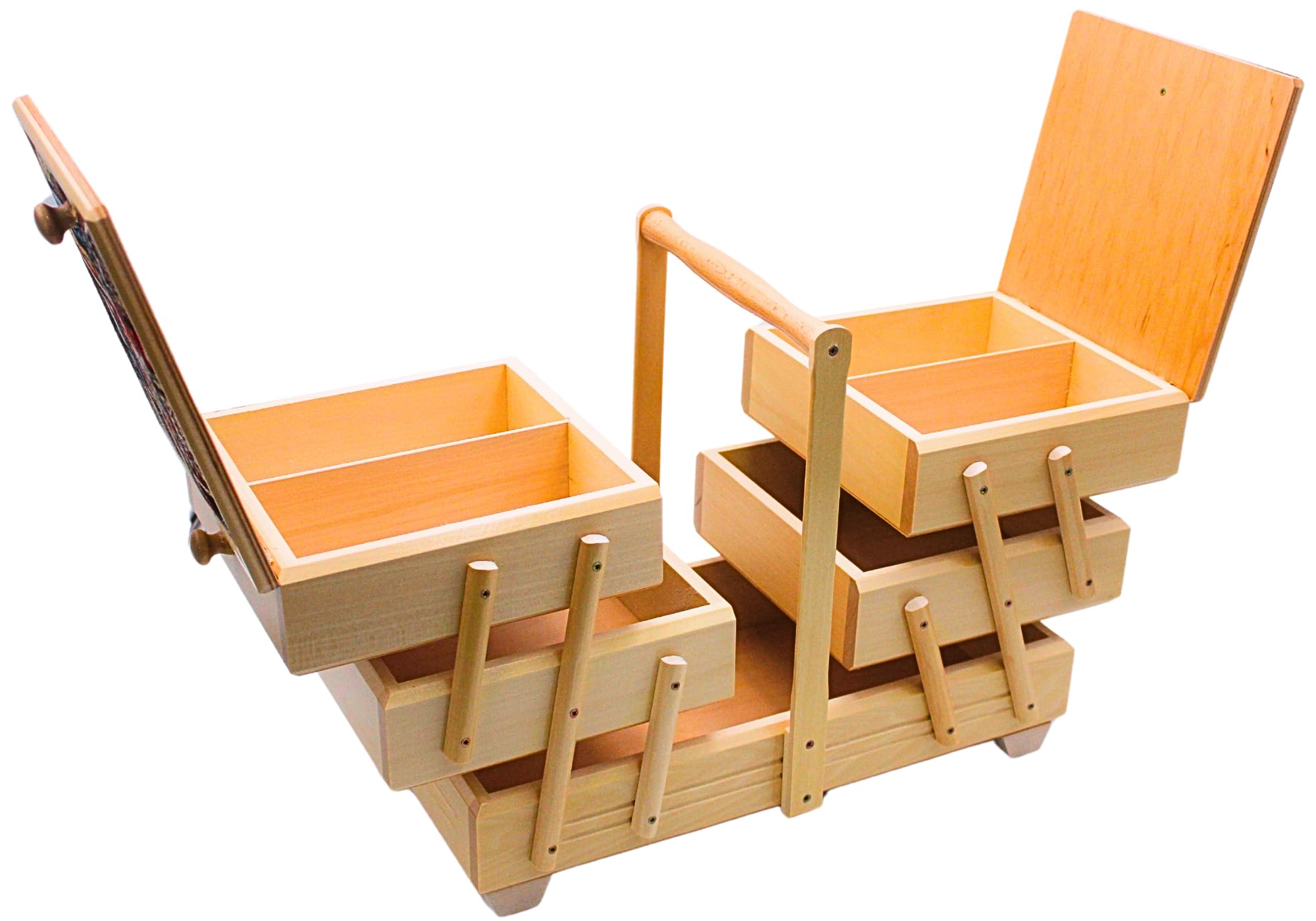 Costurero en madera contrachapada con 7 compartimentos y funda de tela, diseño de aguja en color natural, 42 x 20 x 21 cm