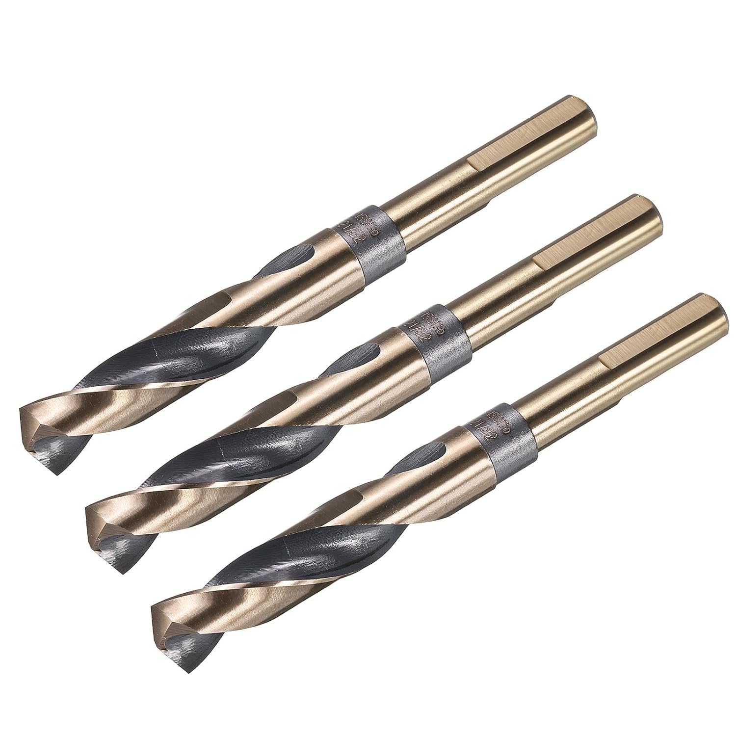 uxcell 3Pcs 21/32" Drill Bit 1/2" Reduced Shank M35 Cobalt 5% High-Speed Steel Twist Black and Gold Finish 135° Drill for High Hardness Materials