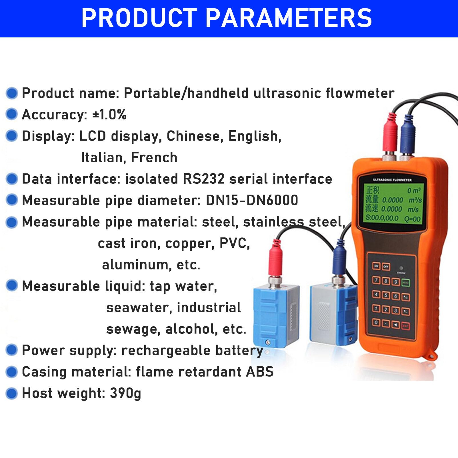Medidor de Flujo Ultrasónico Portátil de Mano Con Sensor de Abrazadera (DN15-DN6000 mm) Medidor de Flujo de Agua Con Transductores de Abrazadera Para Uso Industrial,DN100