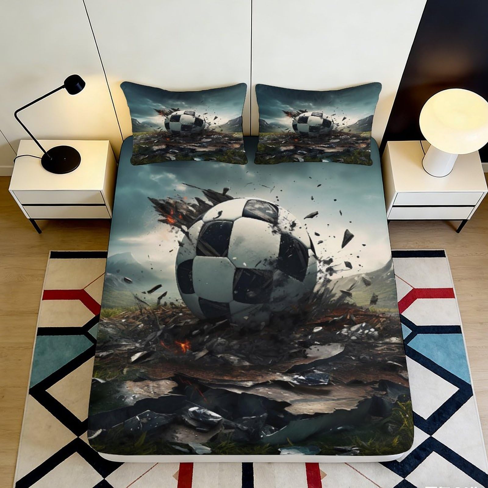 3D Printed Exploding Soccer Ball Fitted Sheet Microfiber Soft Durable Football Mattress Cover for Bedroom Dormitory Guest Room Protective Bedding 140x200x25cm