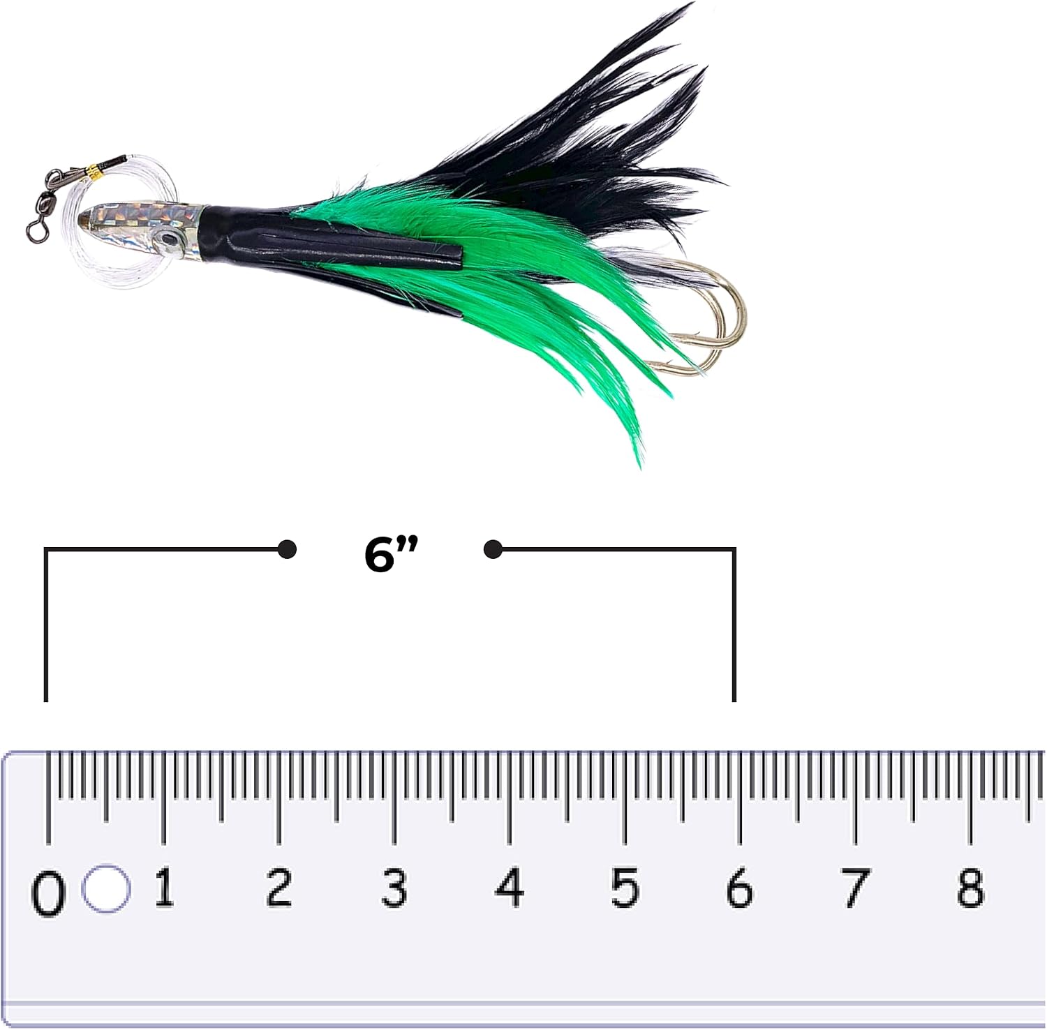 6" Sanhu Tackle Premium Tuna Feathers, 6 Pcs Black/Green for Trolling, Ideal for Tuna & Saltwater Big Game Fishing