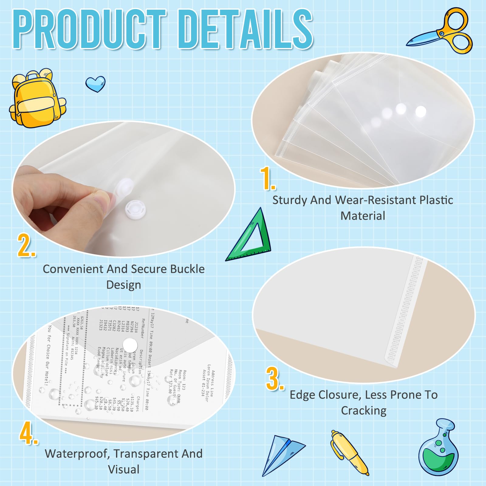 Lot de 30 pochettes A6 en plastique transparent étanche avec bouton pression, 17 × 12 cm, porte-documents A6 simple à bouton-pression pour la maison, l'école, le bureau, les voyages