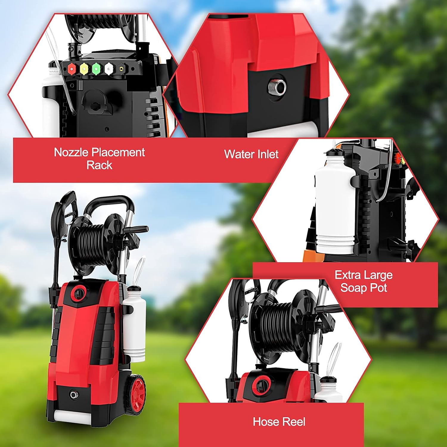 ക്ലോസ് അപ്പ് views of the pressure washer's nozzle rack, water inlet, soap pot, and hose reel.