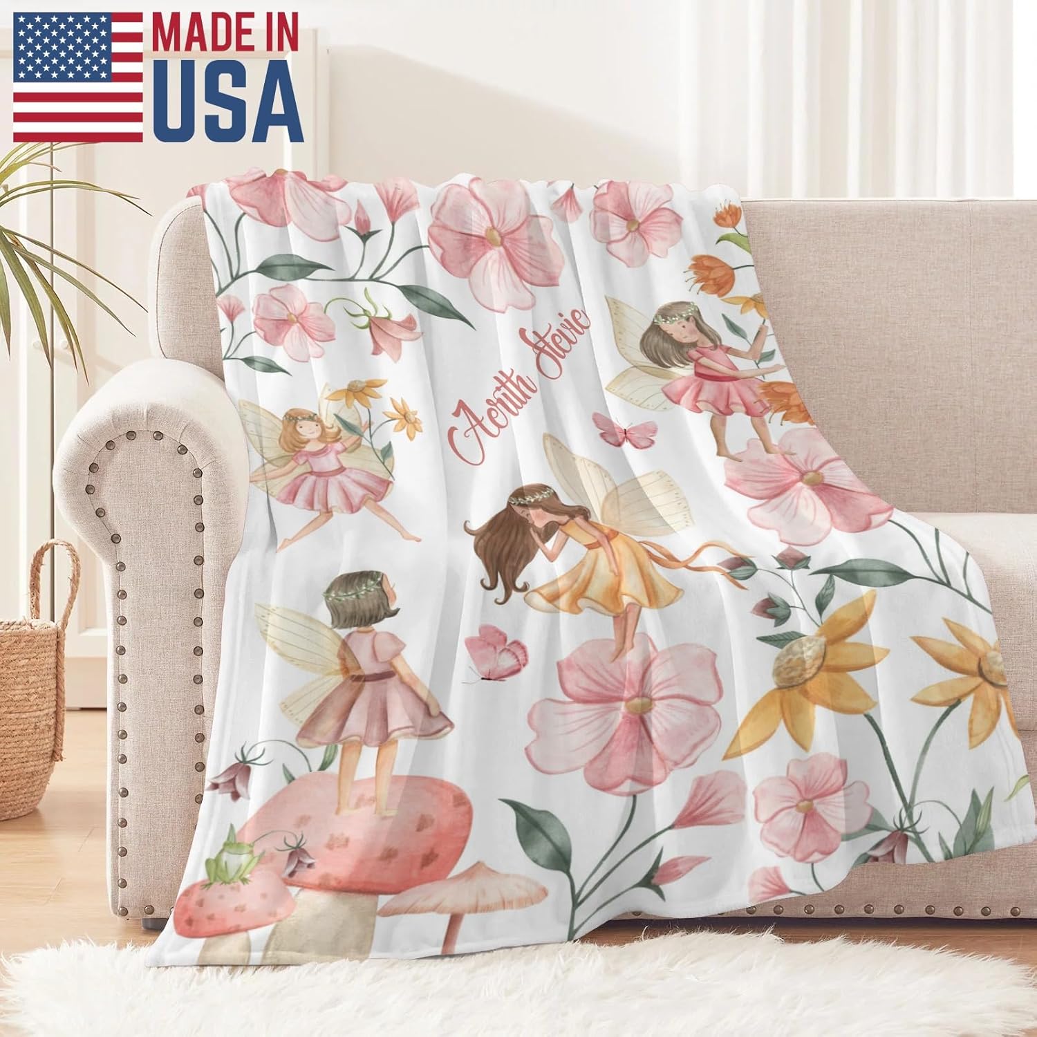 Ship Next Day,Custom Name Blanket,Personalized Fairy Spring Flower Soft Flannel Throw Blankets,Gifts for Boy & Girl,Kids Teen,Birthday Wedding Festival Gifts