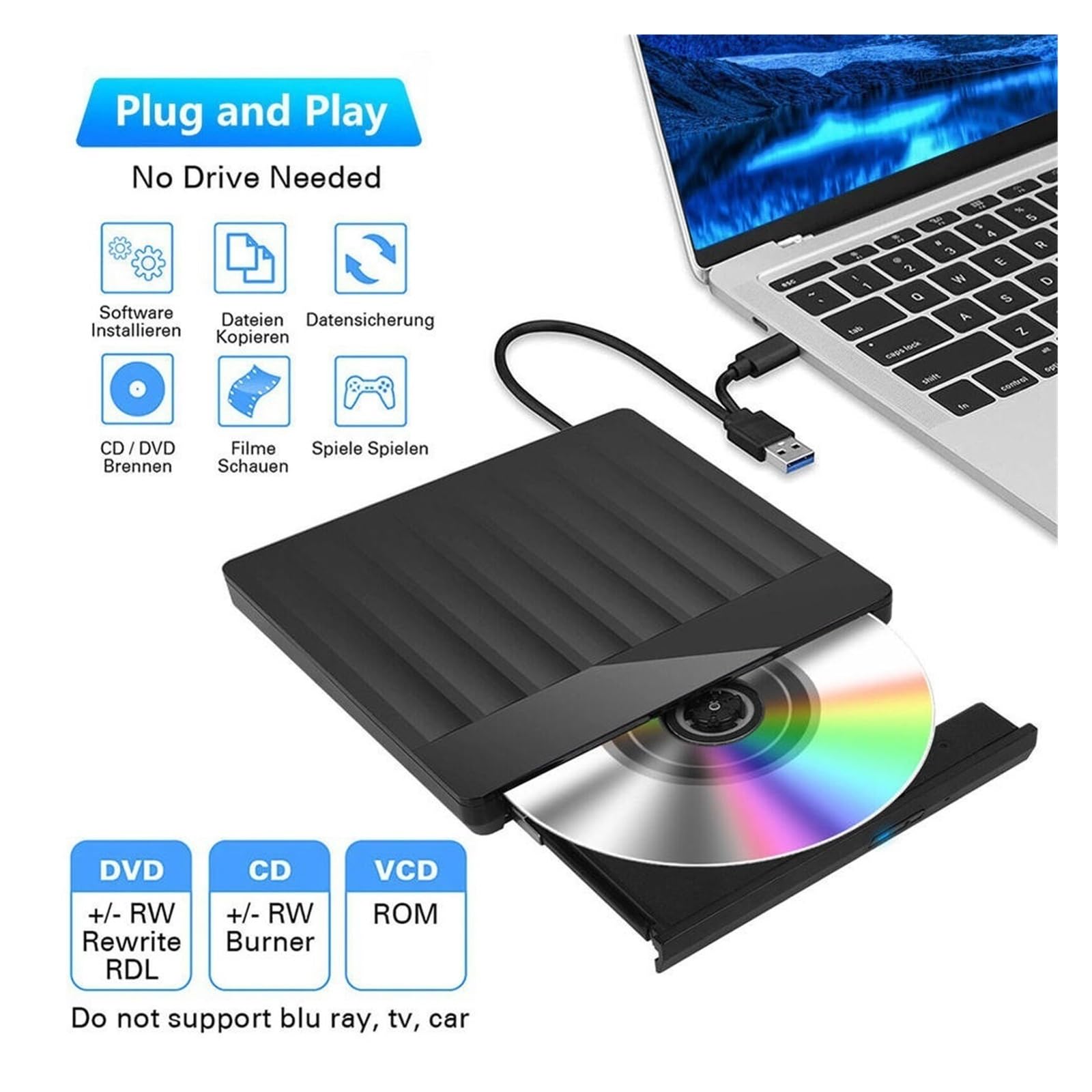 Zewnętrzna Nagrywarka DVD USB3.0+Typ C Czytnik/nagrywarka CD/DVD/Nagrywarka Odtwarzacz PC Uniwersalny Kompaktowy łatwy W UżYciu