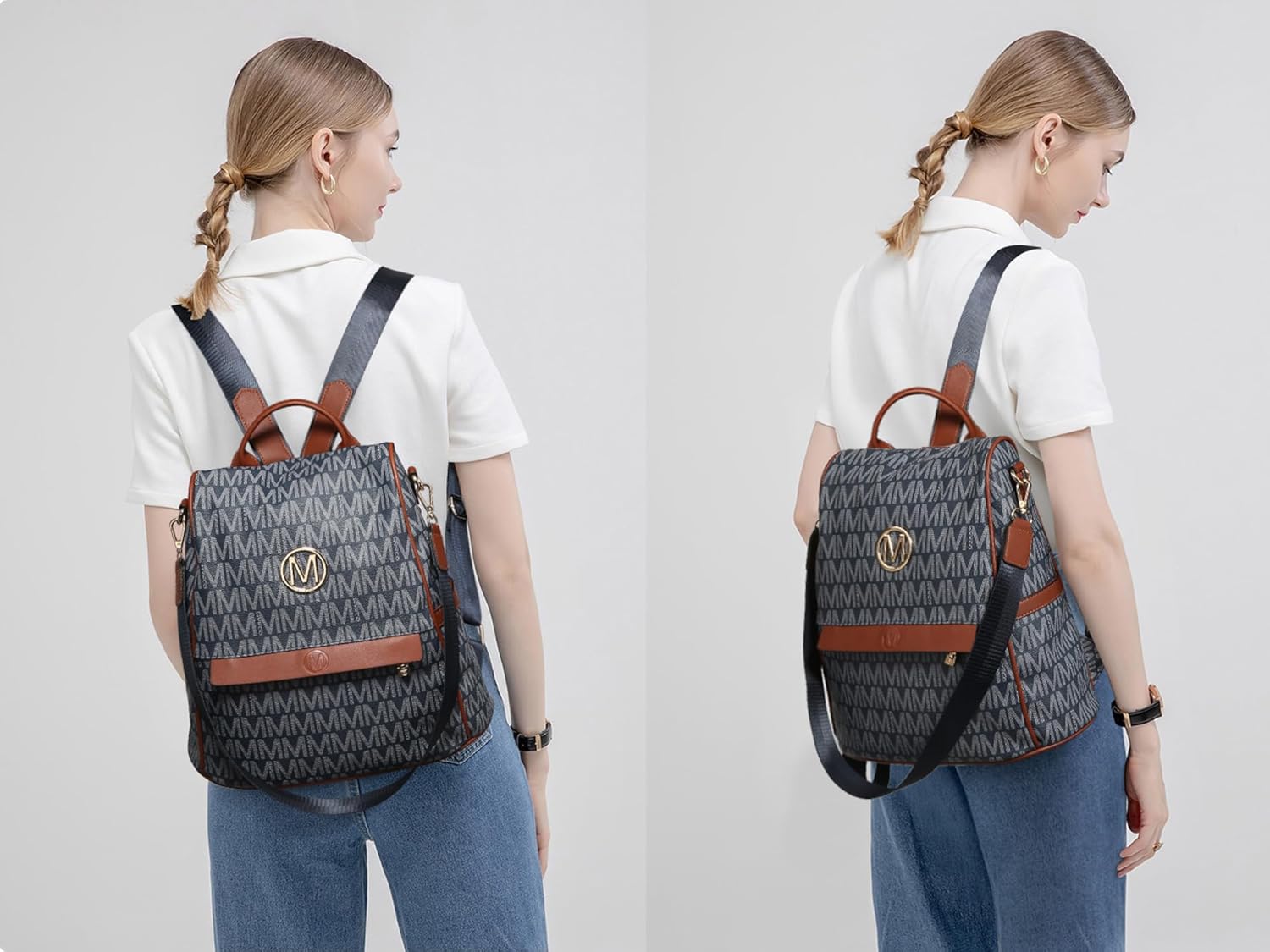 MKP Women Fashion Backpack Purse Multi Pockets Signature Anti-Theft Rucksack Travel Ladies Shoulder Bag Handbag 2Pcs - Image 3