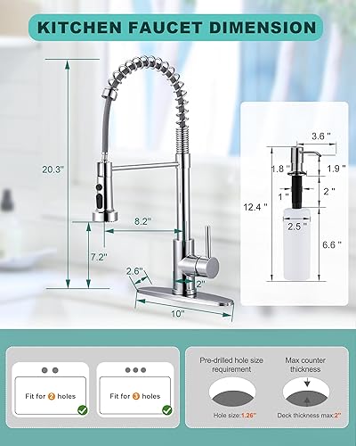 Miniatura 7 de Grifo de cocina cromado con dispensador de jabón grifo de cocina de acero inoxidable con rociador desplegable para fregadero de 2 o 4 agujeros, 3