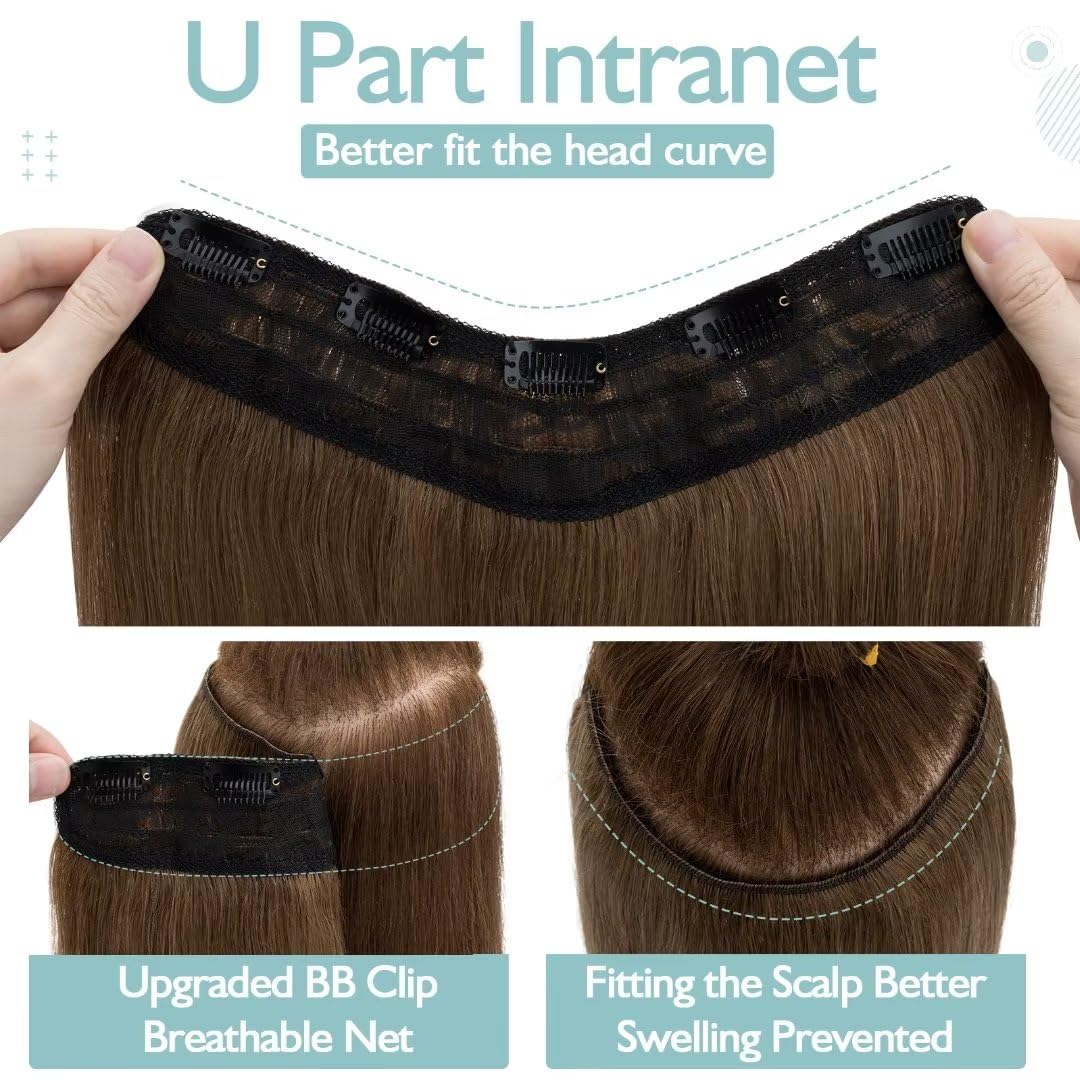 TESS Clip In Hair Extension 14 Inch,Hair Extensions Real Human Hair One Peice U-Shaped Straight Hairpieces for Women/Ladies/Girls(#6 Light Brown,14Inch) - Image 2