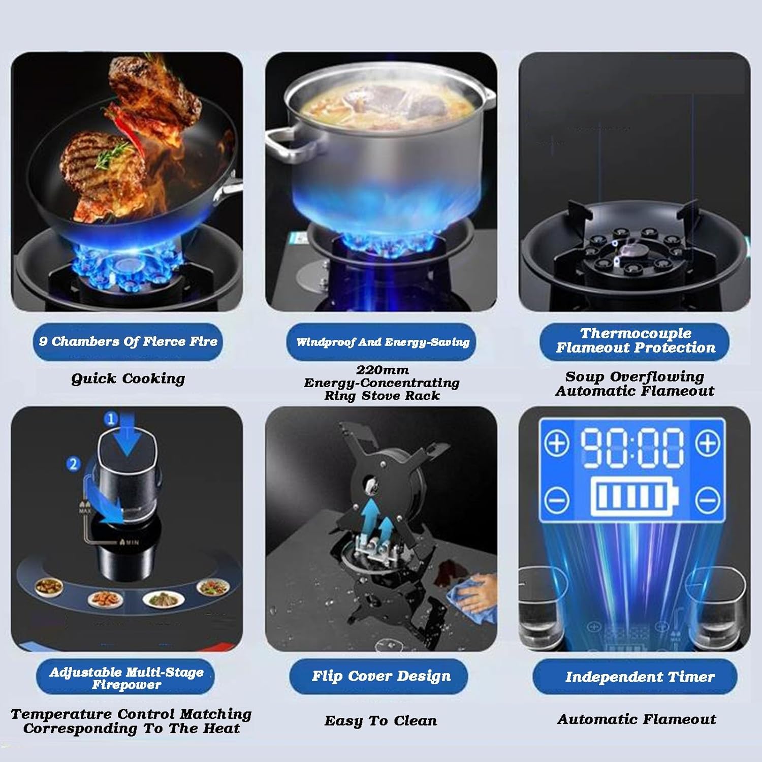 Gas Stoves 2 Burners,5.2kw 10-cavity High Fire Timer,Glass Freestanding Cooktop,Burner Head Can be Rotated 90°,with Flameout Protection(LPG)