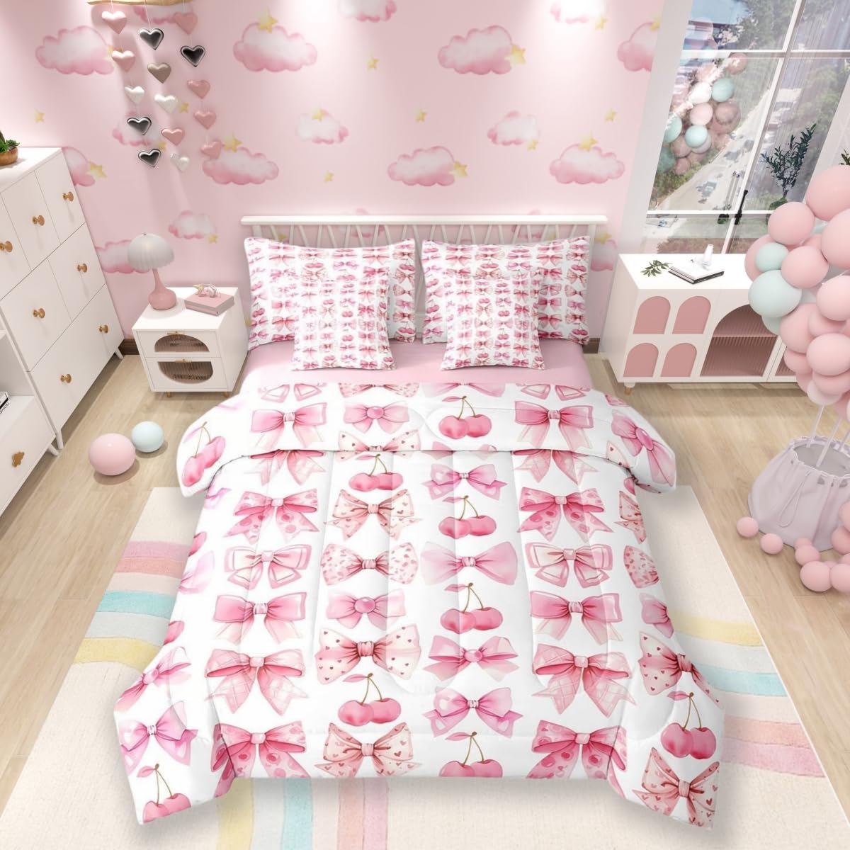 Juego de edredón Queen de 7 piezas estilo princesa rosa con sábanas de retazos y lazos