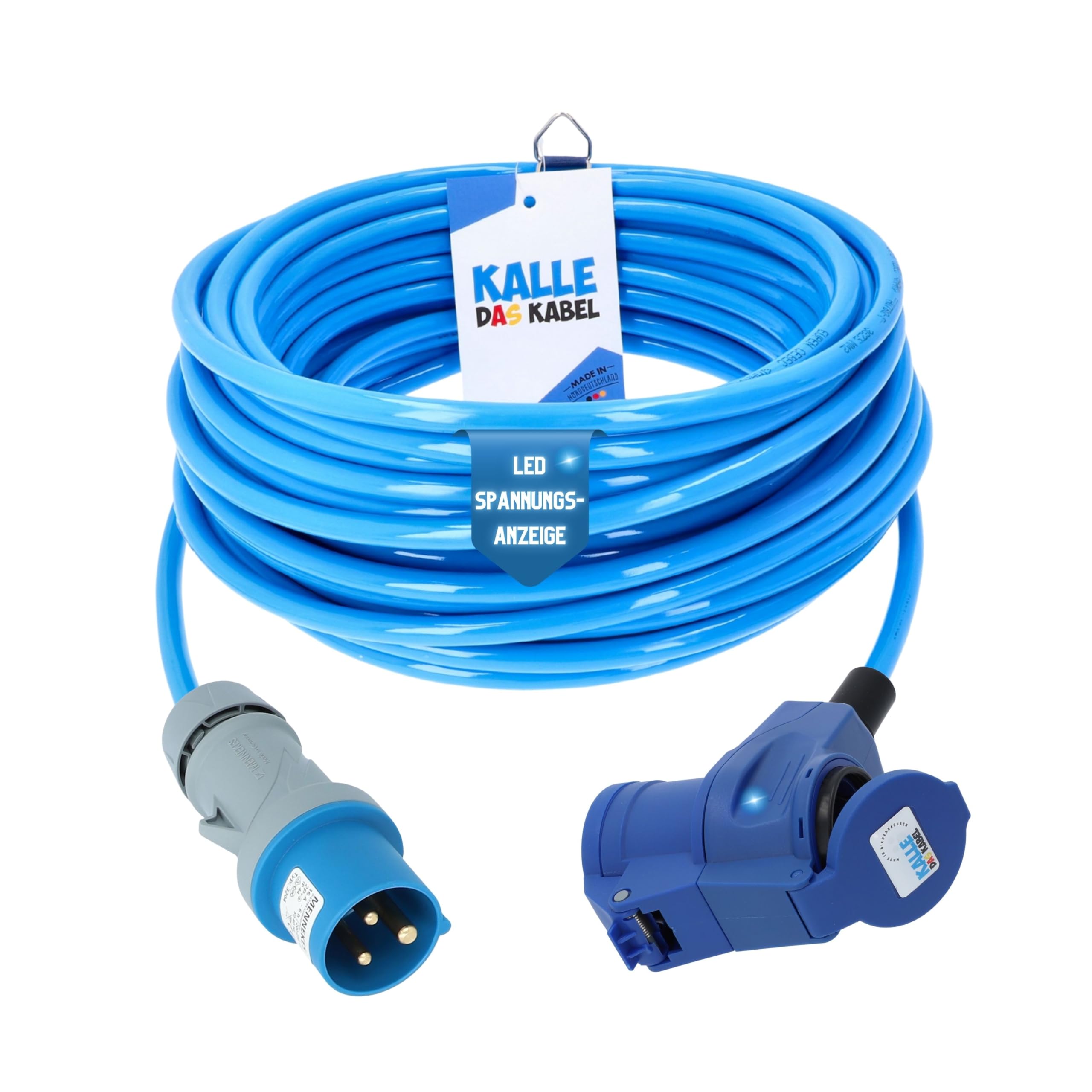 KALLE DAS KABEL CEE Verlängerungskabel 230V 16A – H07BQ-F 3G 2,5 mm², CEE Stecker auf CEE Winkelkupplung mit Schukosteckdose & LED Spannungsanzeige, IP44, Signal Blau, Camping Caravan 20 Meter