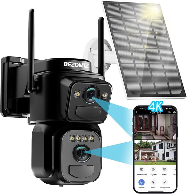 BEZOMIZ 4K WiFi Biztonsági Kamera Kettős Lencse 360° PTZ Éjjellátó Napelem Emberfigyelés
