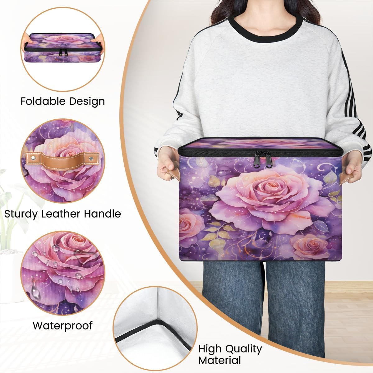 Storage Bin Set of 2 Flower Rose Storage Basket with Zipper Lid & Handle Foldable Closet Shelf 2 Pack Cloth Organizer Basket Cube Bins Clothes Organizer for Bedroom, Nursery