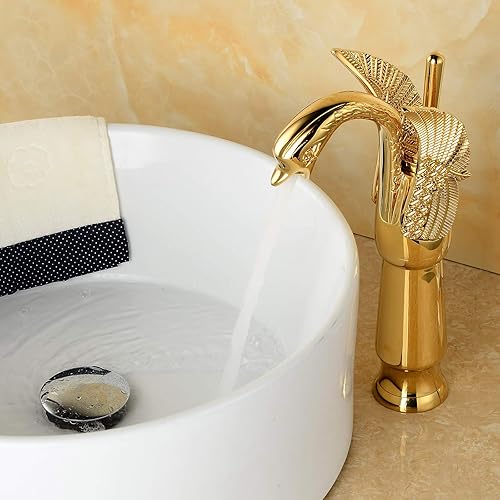 Miniatura 2 de BWE Grifo de cisne de un solo agujero, dorado, a juego, desagüe desplegable sin tapón de desbordamiento y línea de suministro, grifo de lavabo de