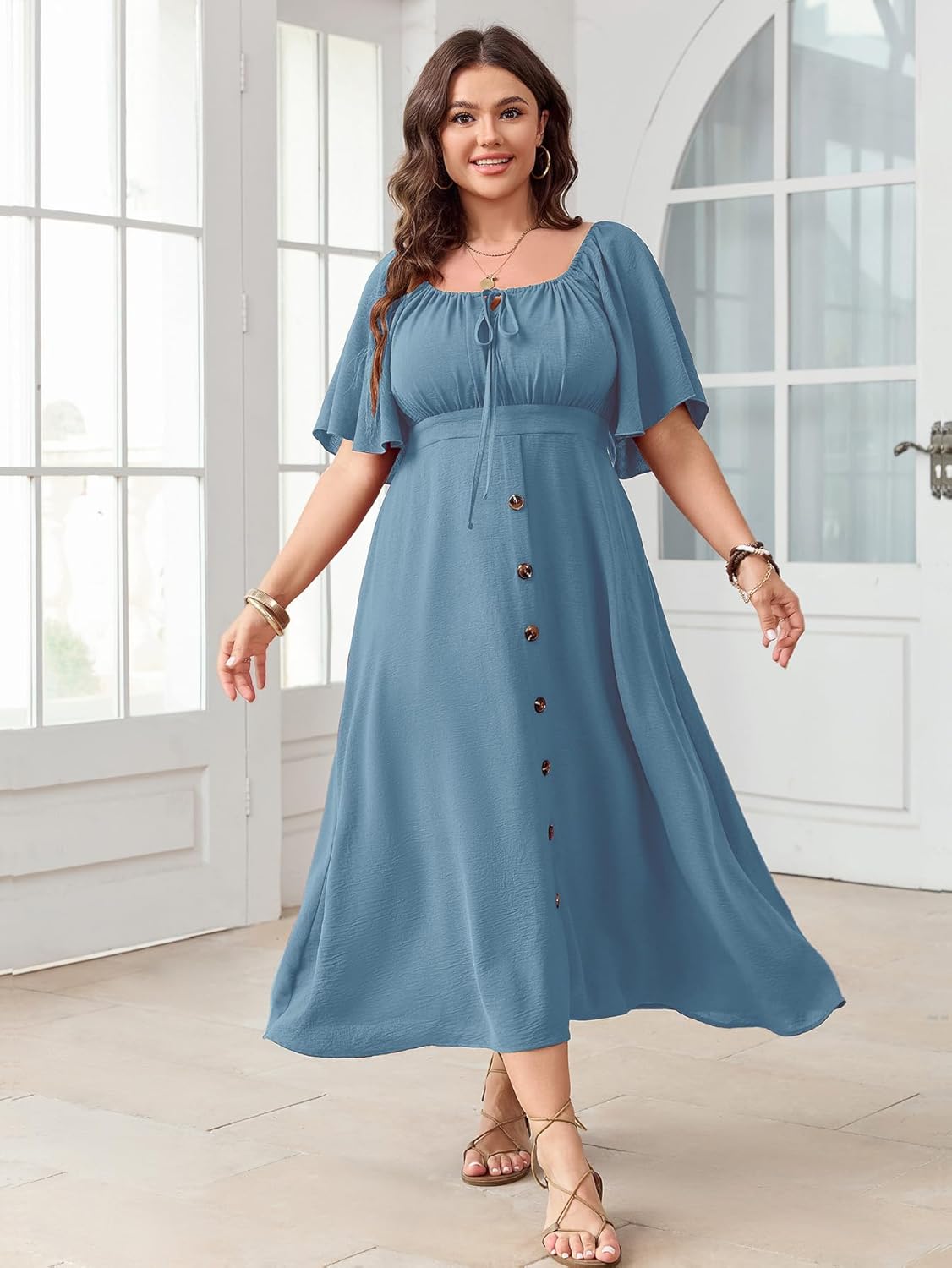 Plus Size Summer Dress Short Sleeve Square Neck Tie Front Smocked Button Down Flowy A-line Boho Maxi Long Dresses - Image 3