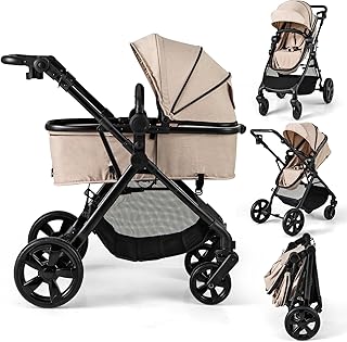 COSTWAY 2 in 1 Baby Pushchair, Foldable Travel System Pram with Reversible Seat, Adjustable Canopy & Handle, Storage Basket, Cup Holder, Lightweight Infant Stroller for 0-36 Months (Beige)