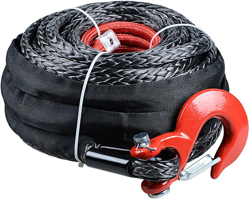 92ft x 1/2" Synthetic Winch Rope 22000LBs Protective Sleeve with Red Hook for Car ATV UTV KFI Truck Boat Ramsey