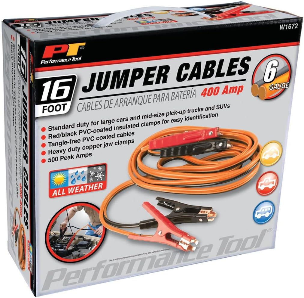 Performance Tool W1672 6-Gauge 400 AMP All Weather Jumper Cables 16'
