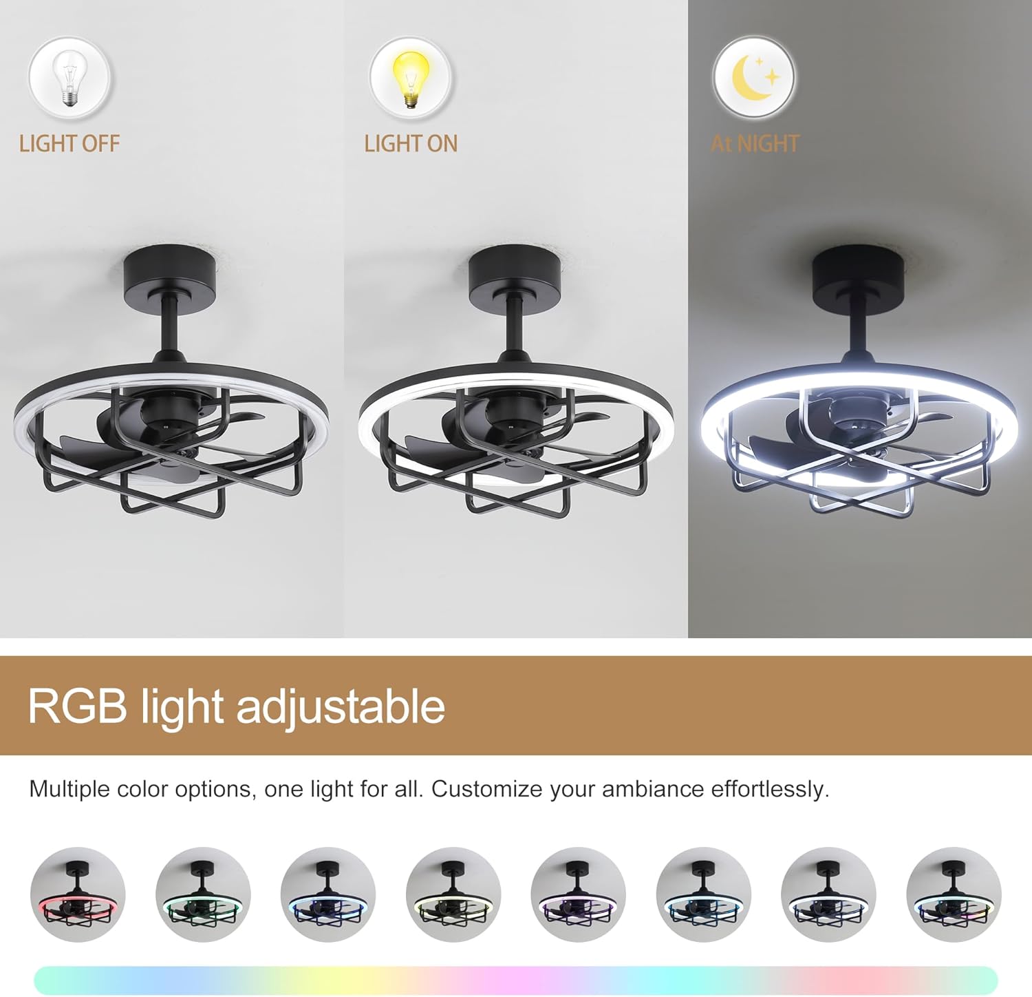 20-Inch Caged Ceiling Fans with Lights and Remote, Modern Low Profile Ceiling Fan with 3CCT Dimmable LED, Reversible DC Motor, 2 Downrods, Enclosed Fandelier for Bedroom (Black)