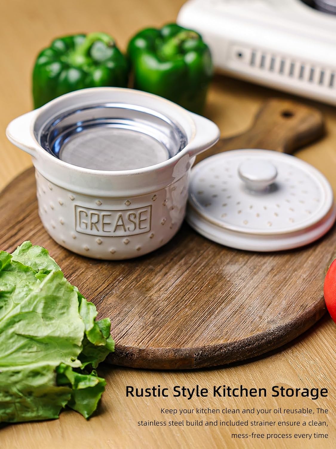 GDCZ Ceramic Bacon Grease Container with Strainer (White) | 18oz Generous Capacity,Fine Mesh Stainless Steel Strainer,Embossed Design,Lid with Easy Grip Handle