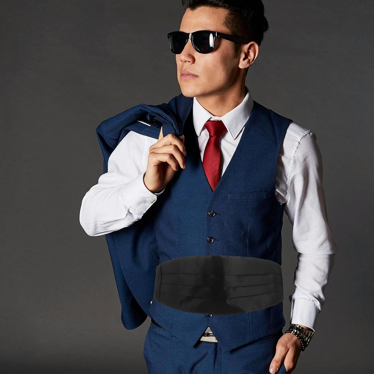 2pcs Men's Formal Cummerbund Adjustable Waistband Classic Black Tuxedo Accessory Comfortable Cloth Material for Weddings, Parties, and Everyday Wear