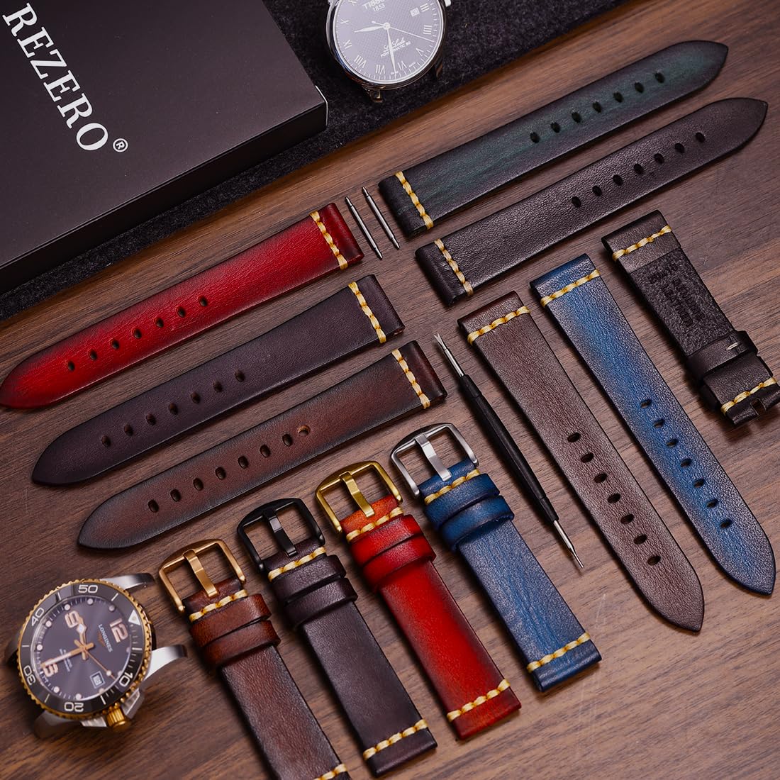 REZERO Cinturini per orologi in pelle, cinturino in pelle conciata, nero/marrone/blu/rosso/verde/grigio, cinturino di ricambio con fibbia nero/argento/oro/oro rosa, per uomini e donne, 18/19/20/21/22