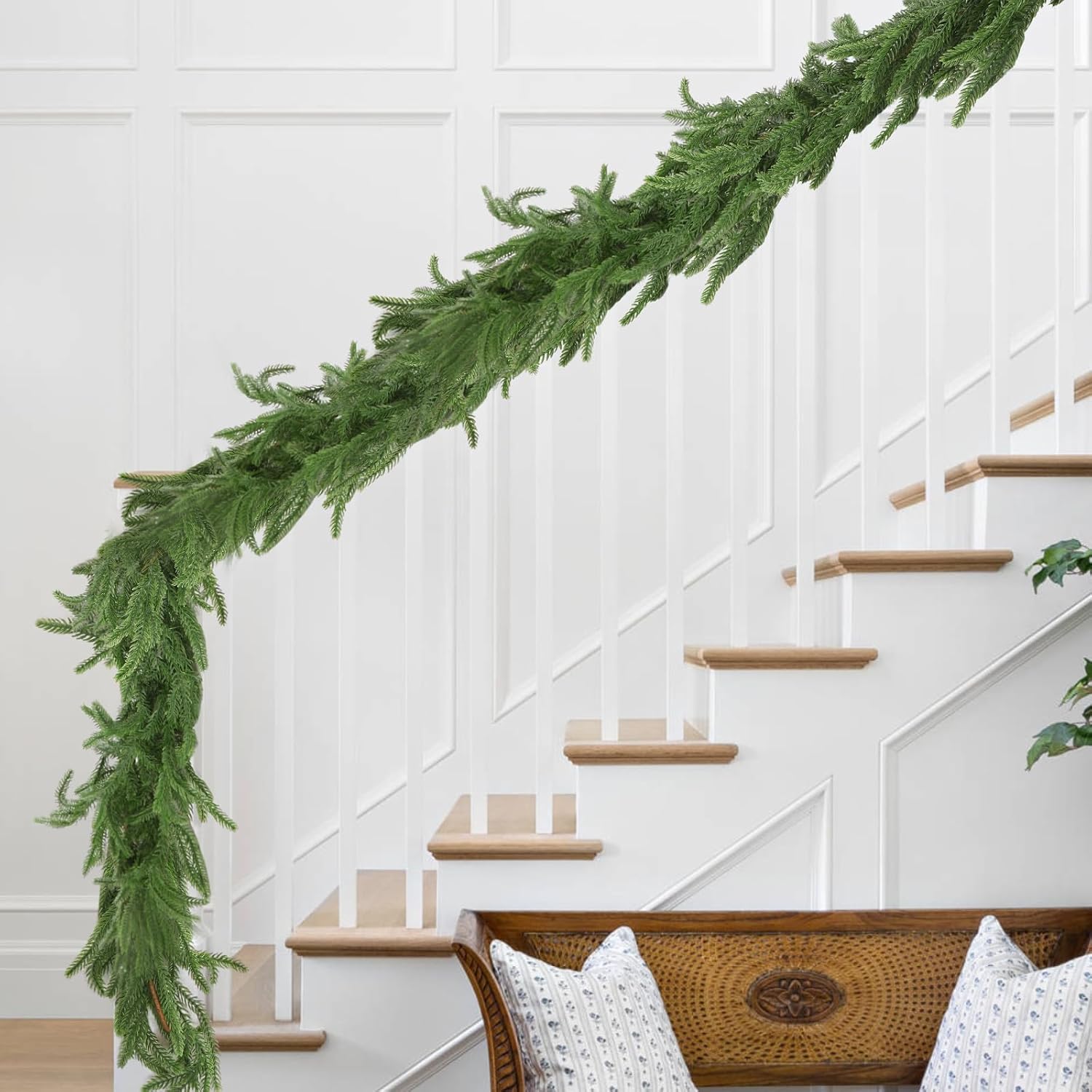 2Pcs 9FT Artificial Norfolk Pine Garland, Christmas Real Touch Winter Pine Garlands Realistic, Green Greenery Garland for Mantle, Stairs, Fireplace, Wall, Door, Table, Indoor Holiday Xmas Decortions